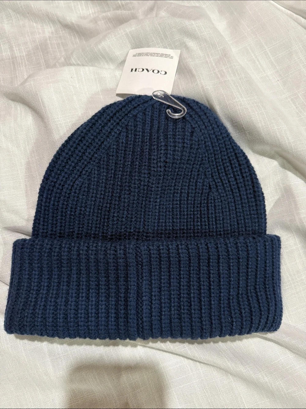 Coach Blue Ribbed Knit Beanie Hat Leather Logo Patch One Size NWT